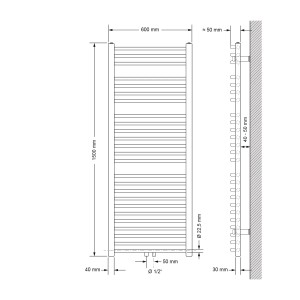 Technische Zeichnung: Weißer, gebogener Badheizkörper 60x150 cm mit Maßen und Anschlussdetails.