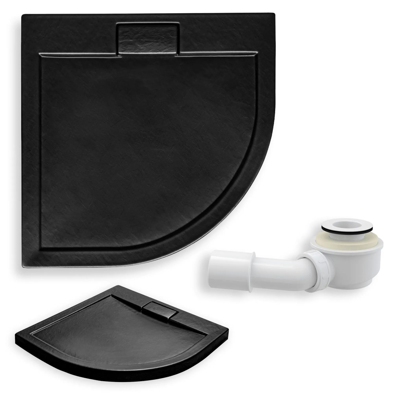 KOLMAN DUSCHWANNE Viertelkreis Schwarz Steinoptik 80x80 cm Set mit Ablaufgarnitur