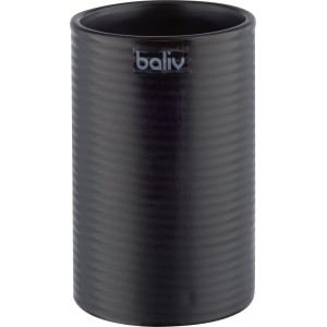 Schwarzer baliv Zahnputzbecher aus Keramik mit Rillenstruktur.