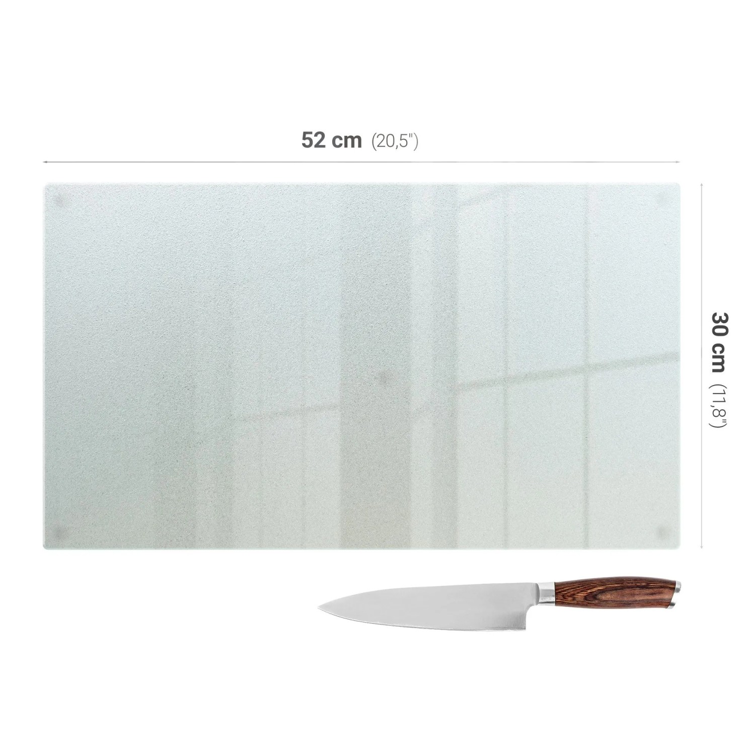 Rutschfestes, mattes Glas-Schneidebrett 52x30 cm mit Silikonfüßen und Kochmesser. Ideal für Küche & Herdabdeckung.