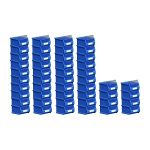 SuperSparSet: 48 blaue Sichtlagerboxen (6x10x10 cm) mit Abdeckung für Aufbewahrungssysteme.