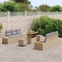 Beiges 9-teiliges vidaXL Garten-Sofa-Set aus Poly Rattan mit Tisch und Kissen.