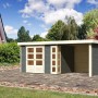Terragraues Karibu Holz-Gartenhaus Sölve mit Flachdach und Anbau. Gartenhaus mit Doppeltür.