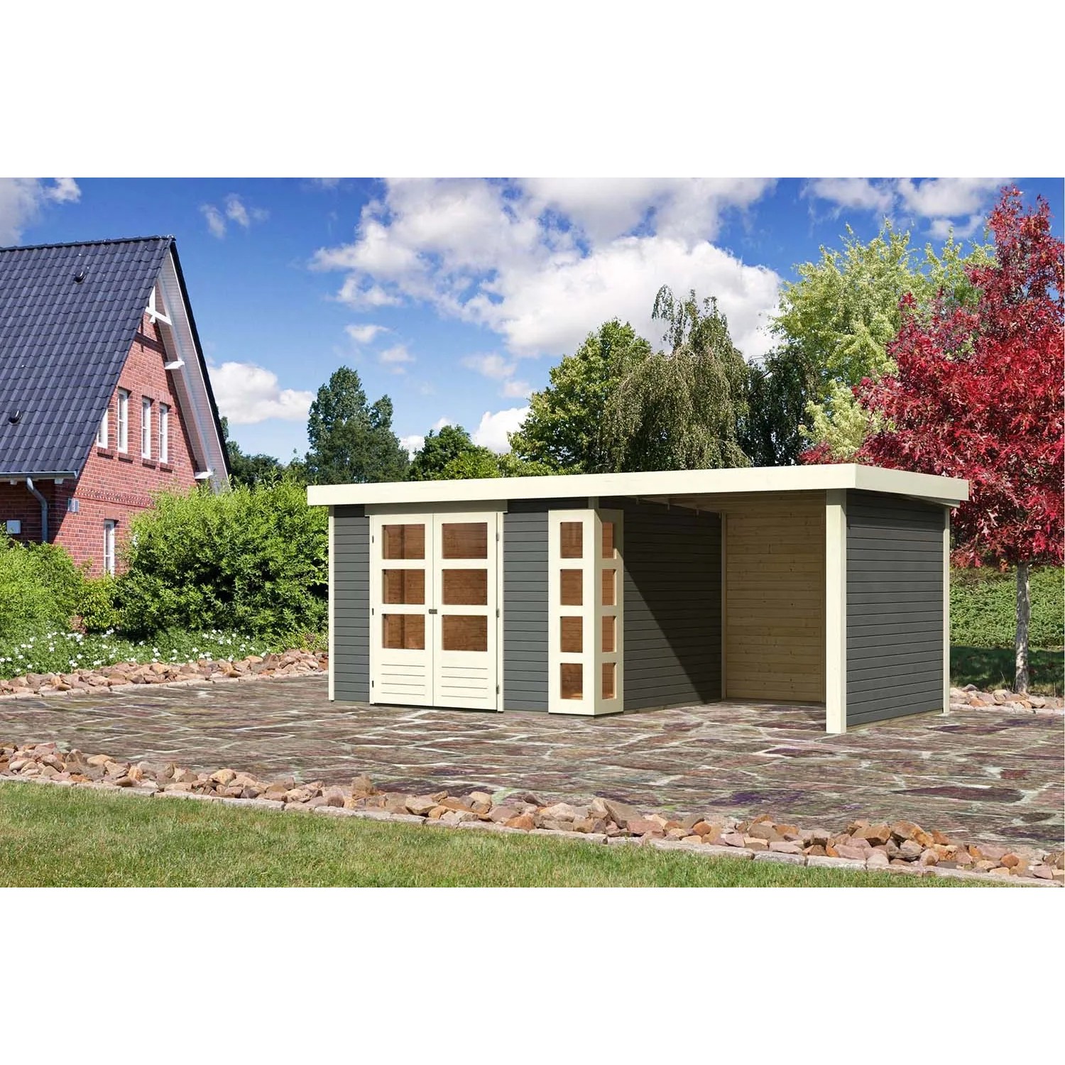 Karibu Holz-Gartenhaus/Gerätehaus Sölve Terragrau Flachdach Lackiert 298 cm x 242 cm