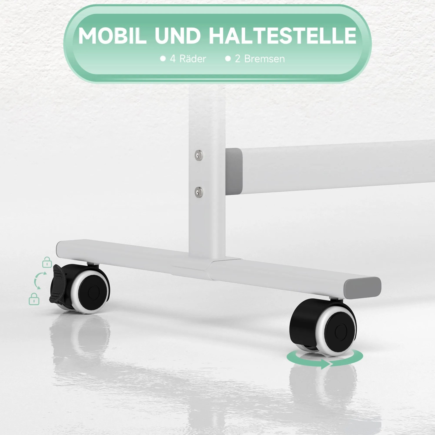 Detailansicht des fahrbaren Whiteboard-Gestells mit 4 Rädern und Bremsen.