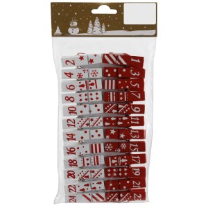 24 rot-weiße Holzklammern mit Zahlen 1-24 und Weihnachtsmotiven in transparenter Verpackung mit Goldkopf für Adventskalender.