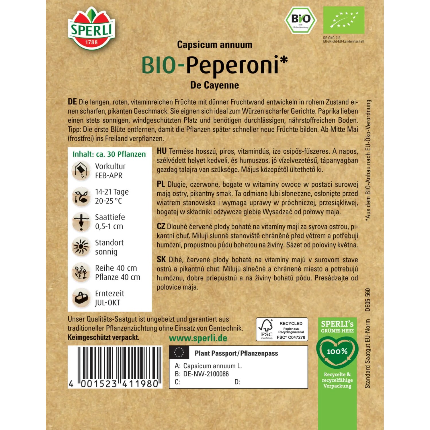 Samenpackung Sperli Bio Peperoni. Längliche, rote Peperonisorte für scharfe Speisen.