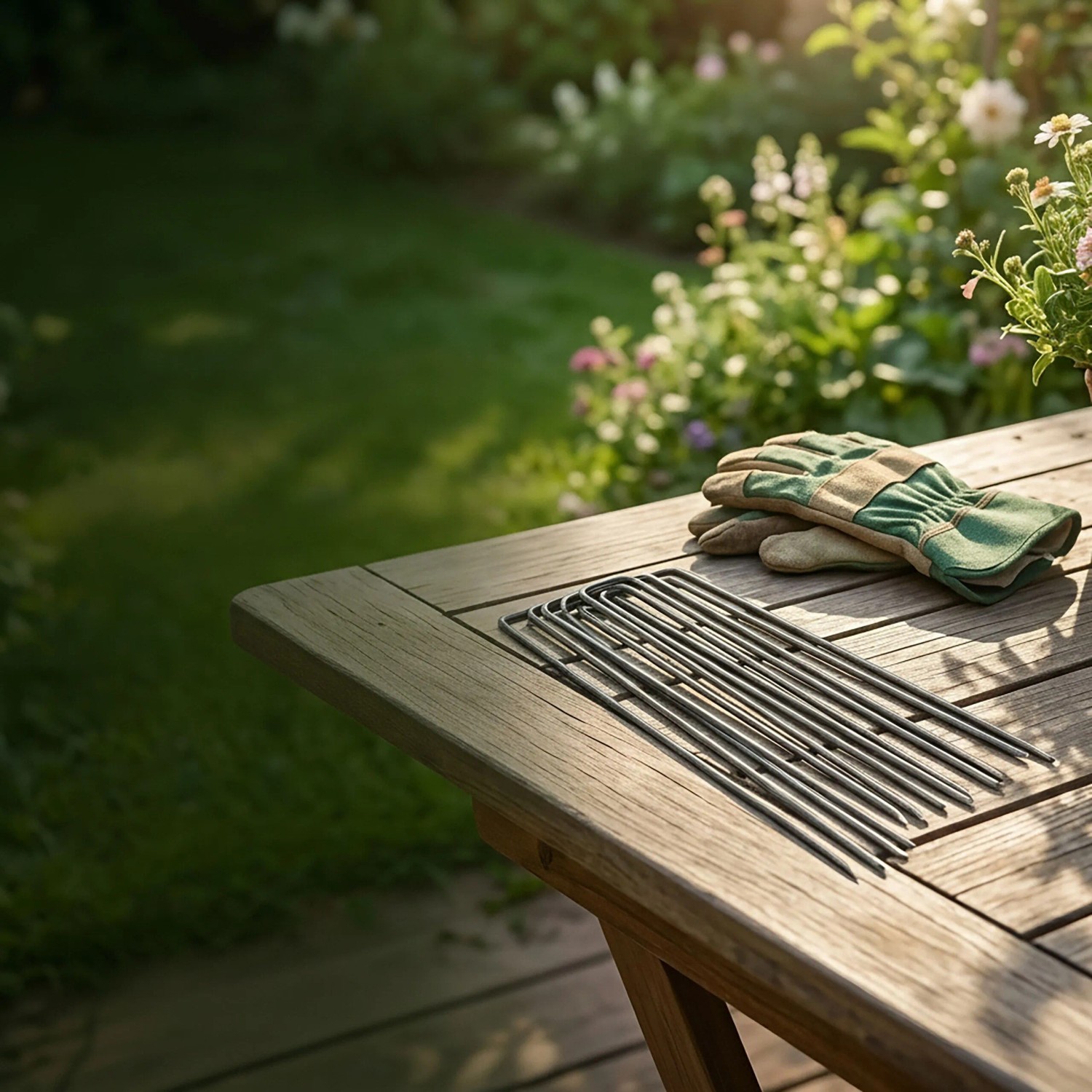 25 verzinkte Stahl-Bodenanker auf Holztisch mit Gartenhandschuhen. Ideal für Zelt, Unkrautvlies, Kabel im Garten & Camping.