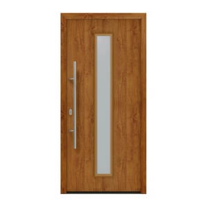 EcoStar Haustür Isopro IP 020S Golden Oak mit Glasausschnitt und Edelstahlgriff.