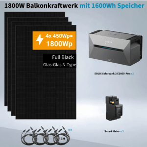 Anker Solix Balkonkraftwerk 1800W mit Speicher, Solarmodule, Solarbank, Smart Meter und Kabel.