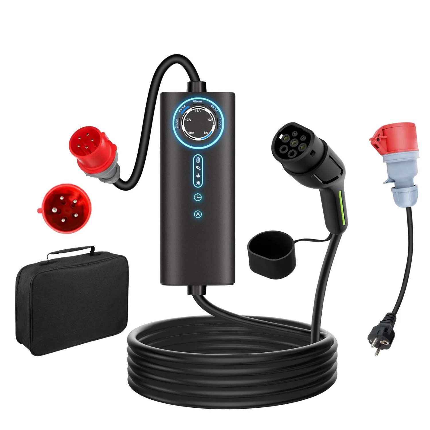 Junsun 11kW Typ 2 EV-Ladegerät 10m Kabel 3-phasig Inkl. Tasche Flexibler Stromanpassung 6-16A Mit Adapter