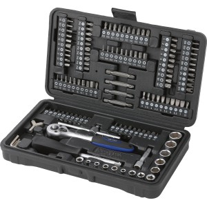 130-teiliges LUX Steckschlüssel-Set im Koffer: Knarre, Bits, Nüsse und Zubehör für Schraubarbeiten.