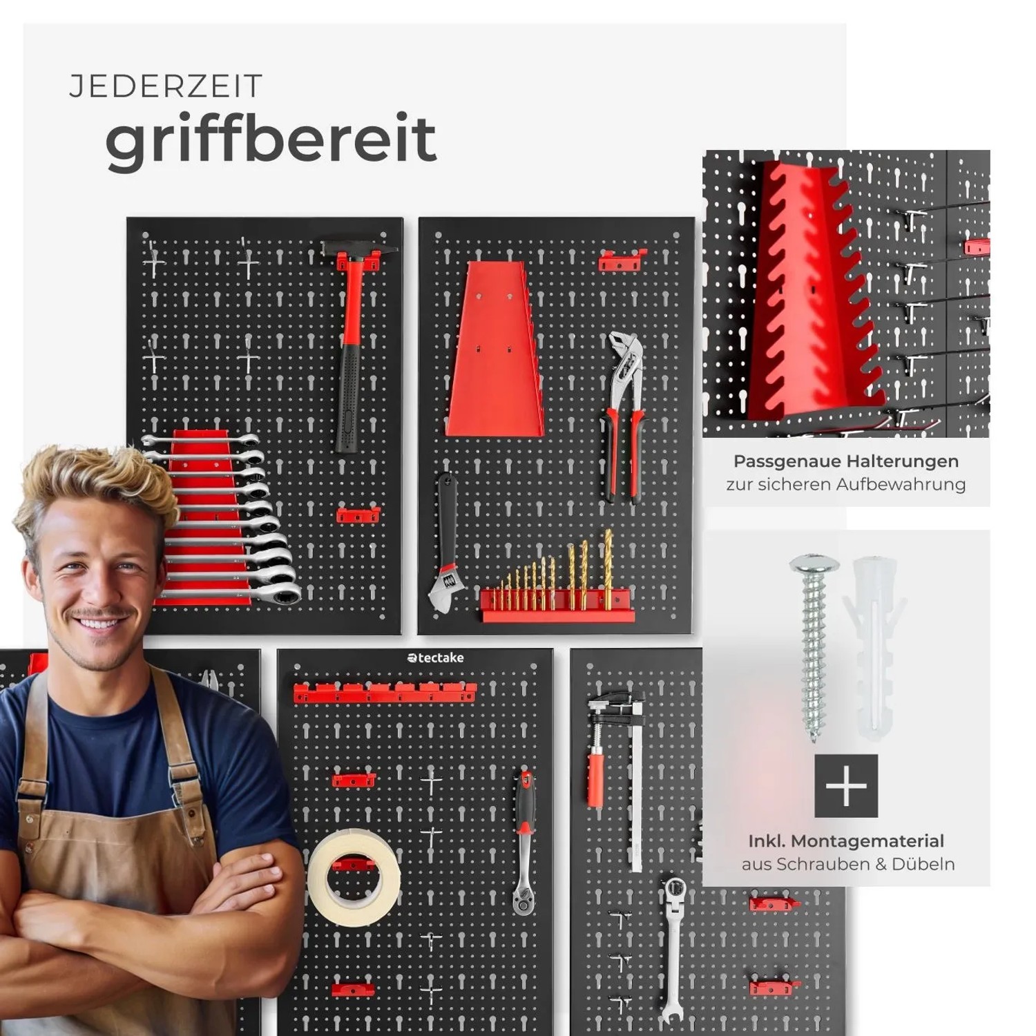 Tectake Werkzeuglochwand, fünfteilig, mit Haken und Halterungen, schwarz-rot, zur Werkzeugaufbewahrung.