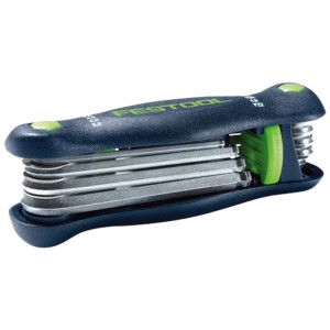 Dunkelblaues Festool Toolie Multifunktionswerkzeug mit grünen Tasten, enthält 9 Sechskant- und Schraubendreher-Bits. Kompaktes Werkzeug-Set.