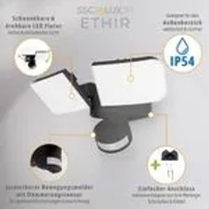 Graue SSC-LUXon LED Außenwandleuchte ETHIR mit Bewegungsmelder und zwei schwenkbaren Spots.