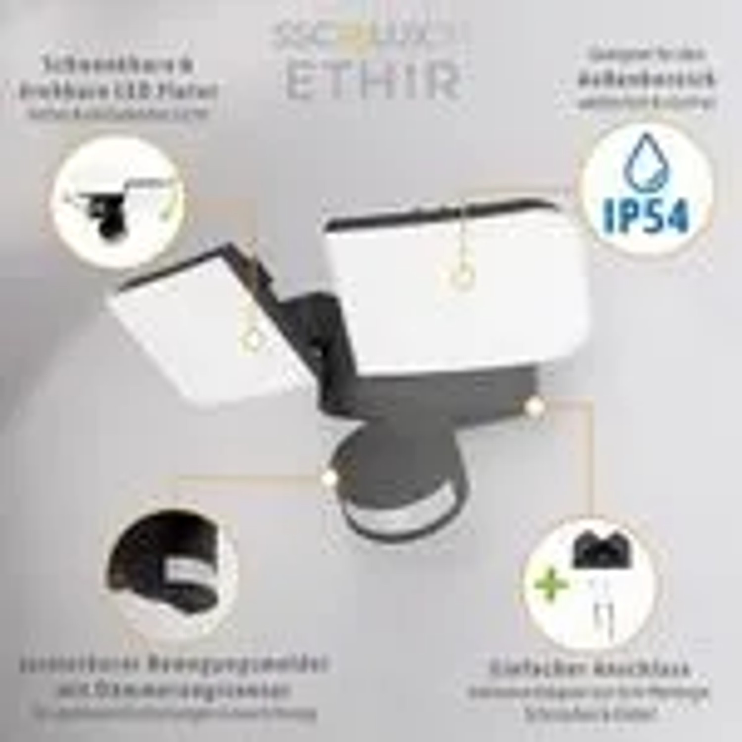 Graue SSC-LUXon LED Außenwandleuchte ETHIR mit Bewegungsmelder und zwei schwenkbaren Spots.