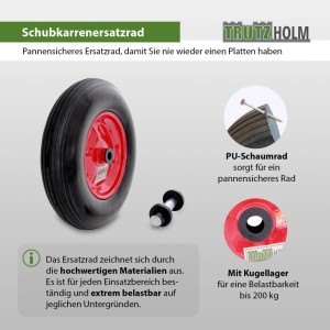 TRUTZHOLM Schubkarrenrad Vollgummi, pannensicher, mit roter Stahlfelge und Achse.