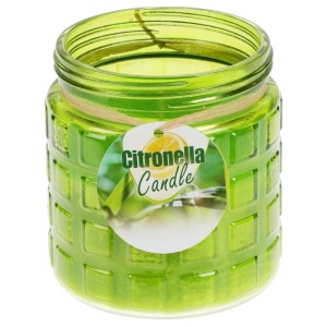Grüne Citronella Kerze im Glas mit Raffiaband, Duftkerze für den Garten.