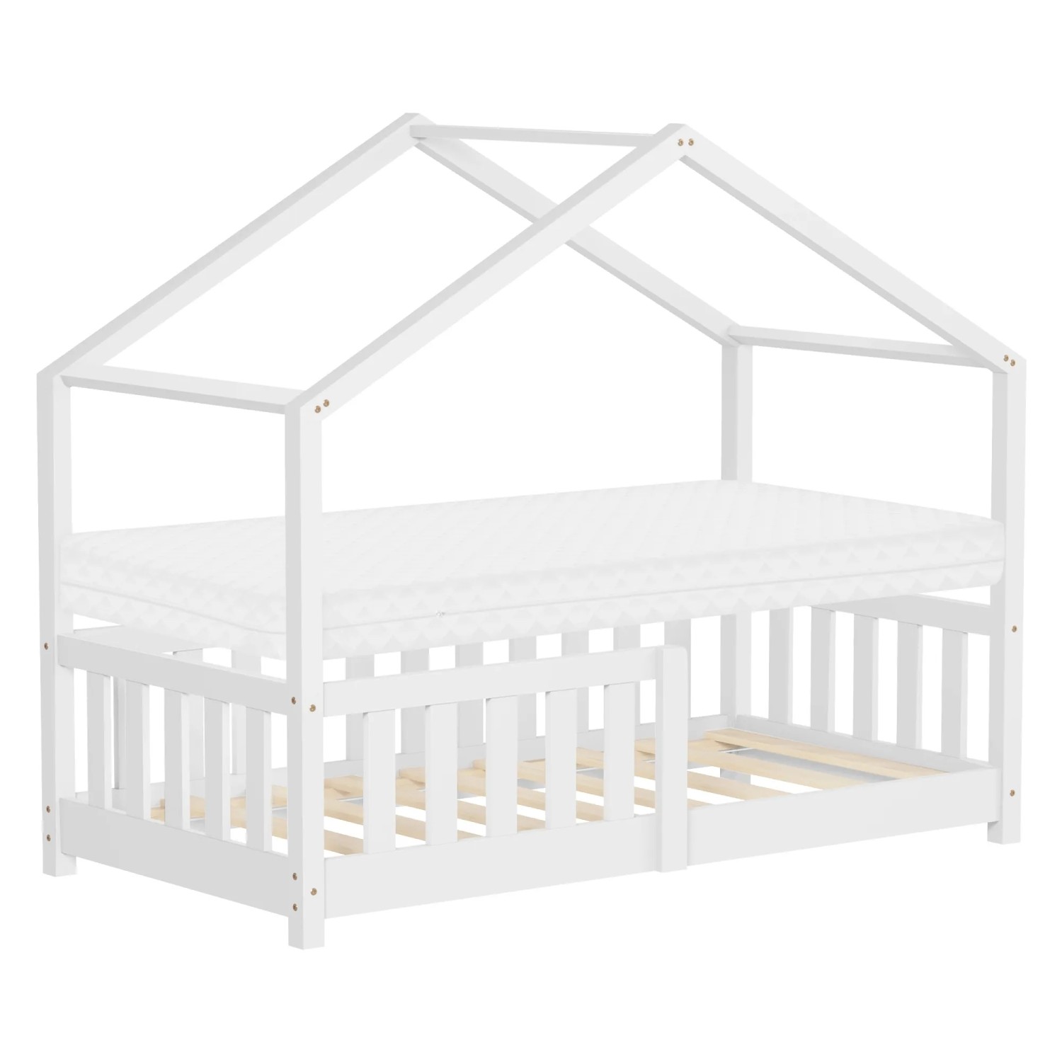 ML-Design Hausbett mit Matratze 70x140 cm Weiß aus Kiefernholz