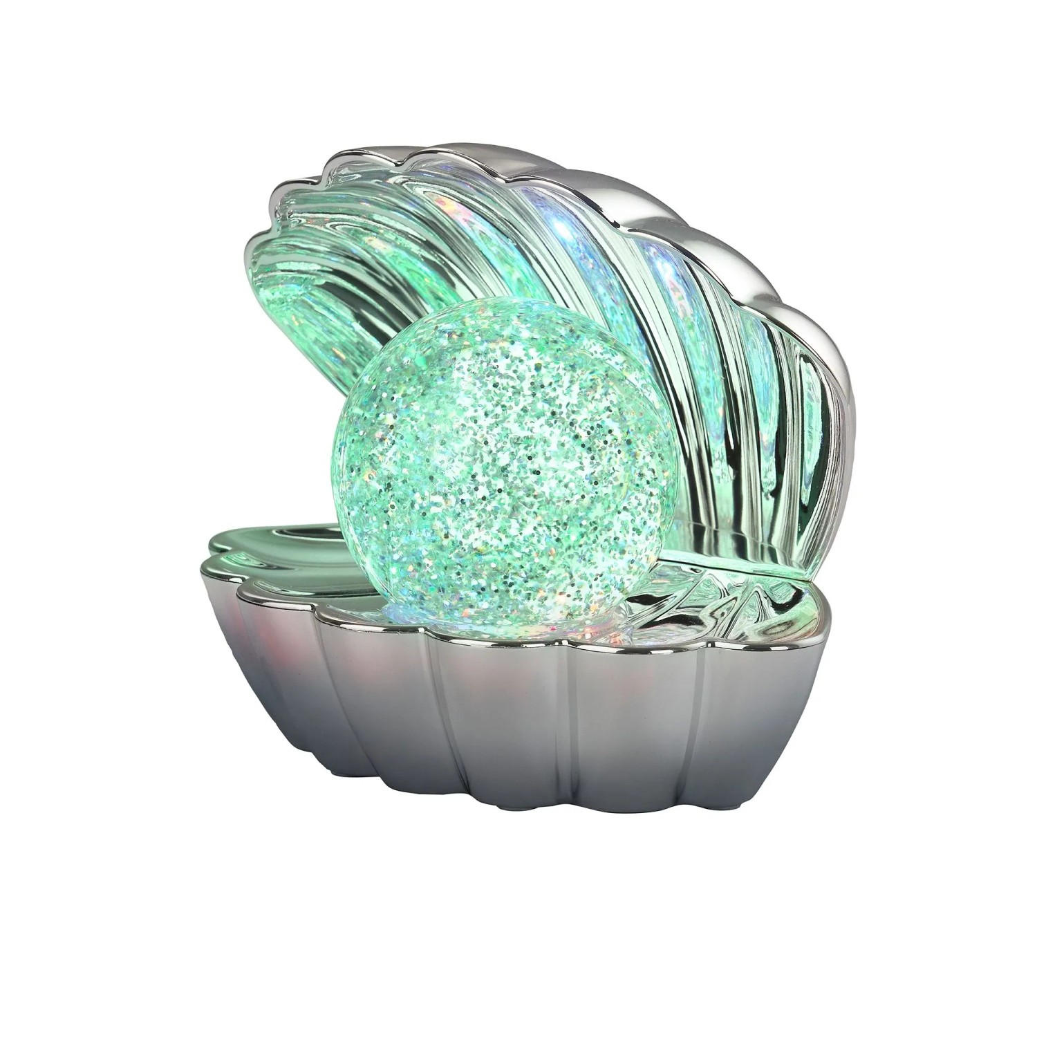 Chromfarbene LED-Tischleuchte in Muschelform mit glitzernder LED-Kugel. Ideal als Deko-Leuchte.