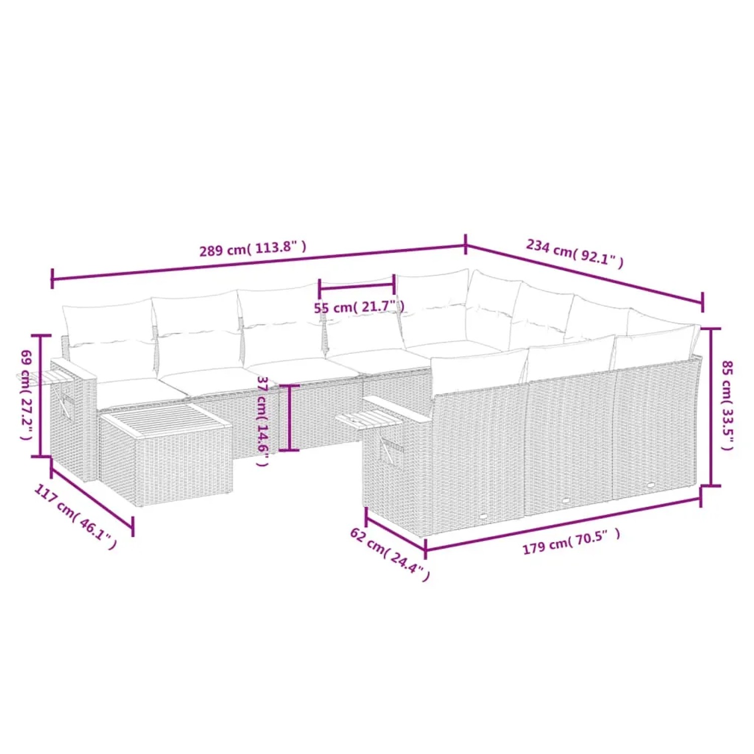 Beige 11-teilige Garten-Sofagarnitur aus Polyrattan mit Kissen, Maße siehe Skizze.