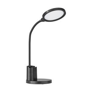 Schwarze Eglo LED-Tischleuchte Rehamna mit flexiblem Hals und Stifthalter.