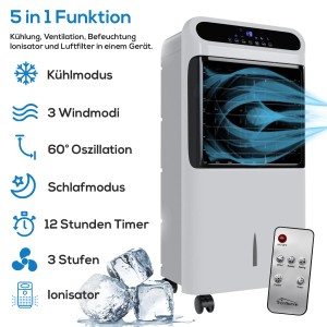 Mobiler Tronitechnik Luftkühler mit Fernbedienung, 4in1 Funktion: Kühlen, Lüften, Befeuchten, Ionisieren.