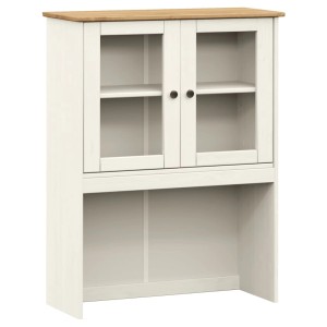 Weißer Sideboard-Aufsatz VIGO aus Kiefer Massivholz mit Glastüren, zwei Regalen und offenem Fach.