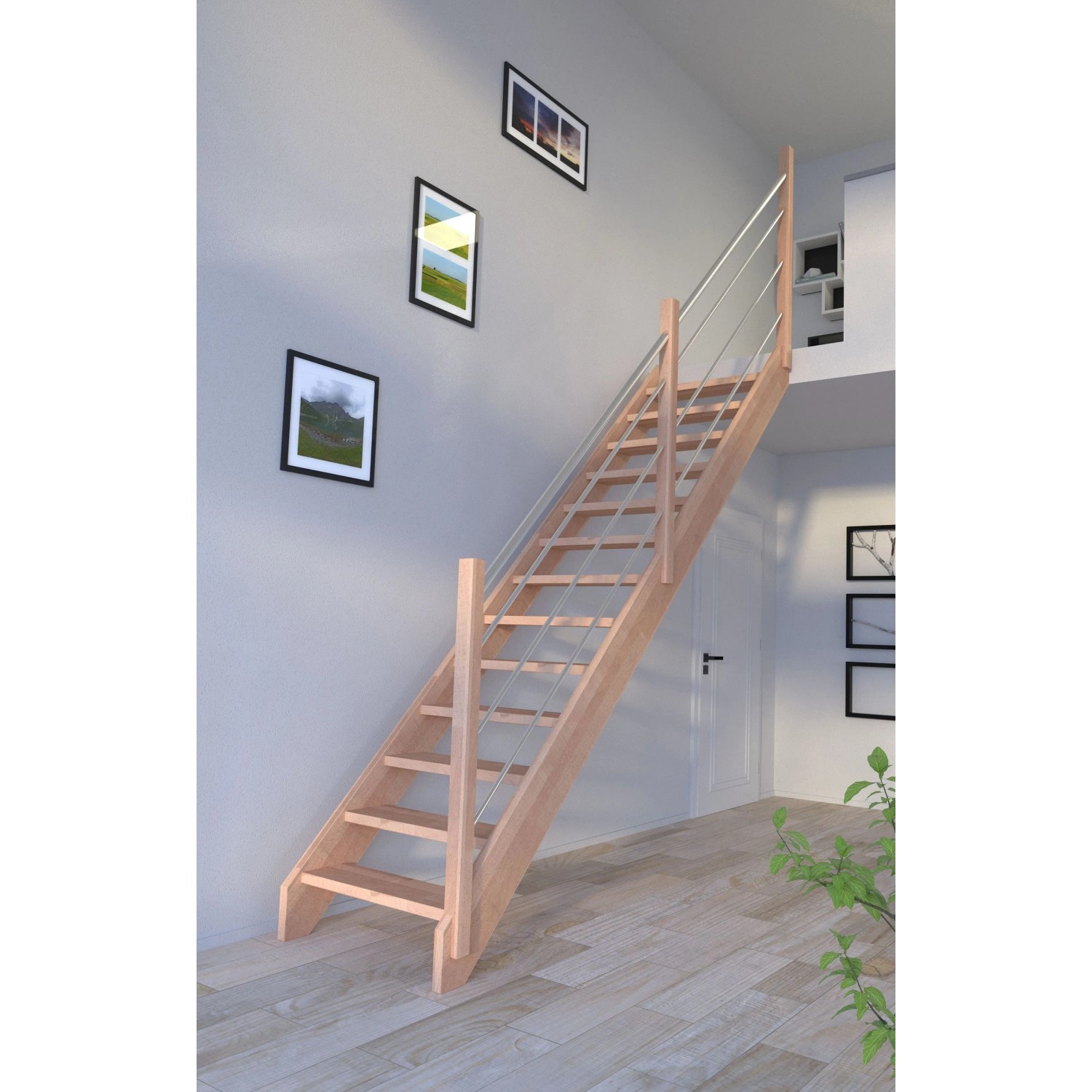 Gerade Innentreppe Mykonos Pro aus hellem Buchenholz mit Holz-Edelstahl-Geländer rechts. Offenes Design für moderne Räume.