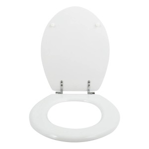 Weißer MSV WC-Sitz aus MDF mit Zinkscharnieren, geöffnet.