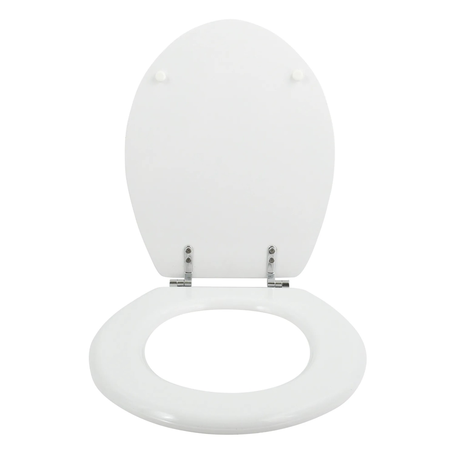 Weißer MSV WC-Sitz aus MDF mit Zinkscharnieren, geöffnet.