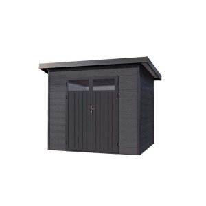 Modernes, anthrazitfarbenes WPC Gerätehaus Vitale 2420 19 von Finnhaus Wolff mit Pultdach.
