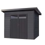 Modernes, anthrazitfarbenes WPC Gerätehaus Vitale 2420 19 von Finnhaus Wolff mit Pultdach.