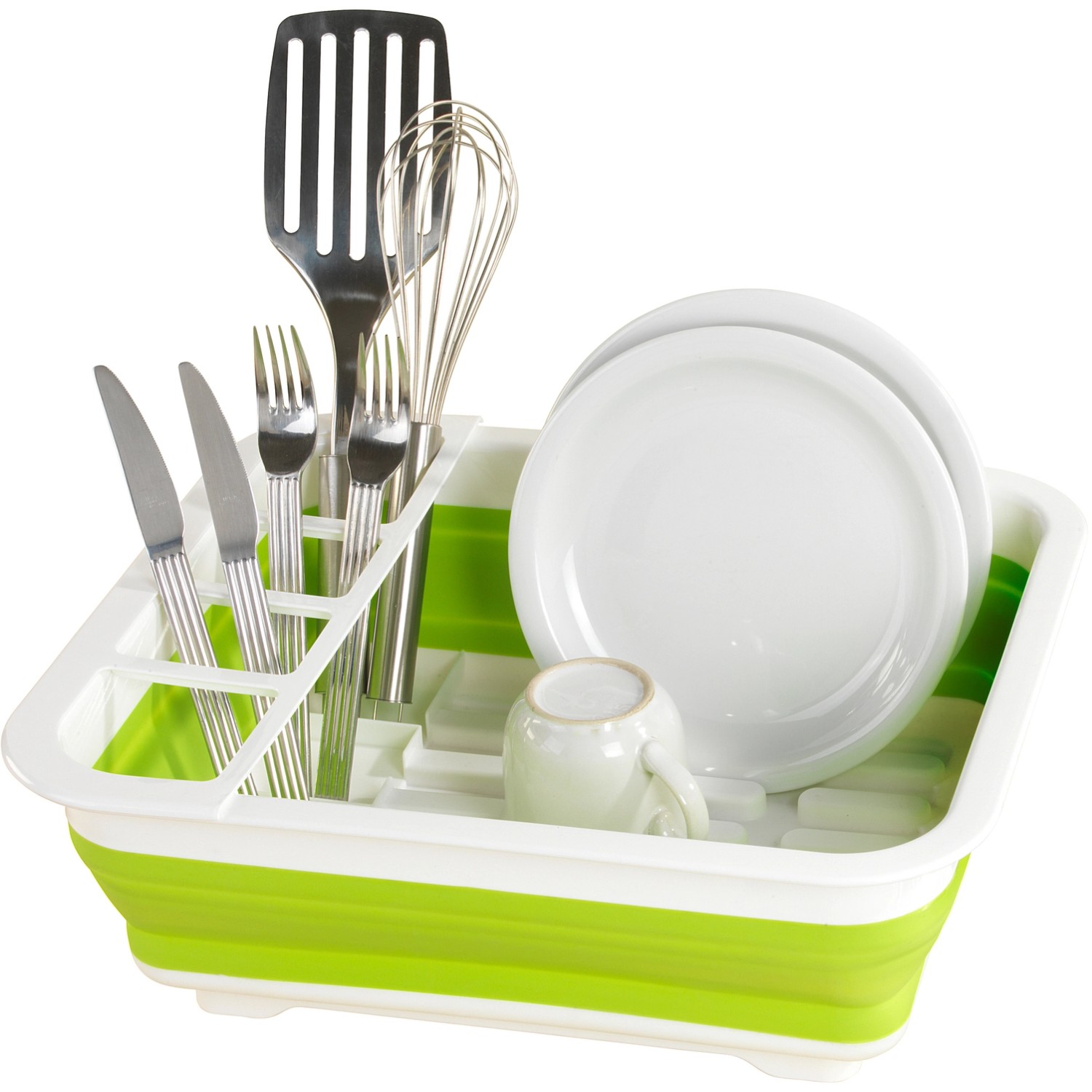 Faltbarer Geschirrabtropfer von Wenko in Weiß-Grün mit Geschirr und Besteck.