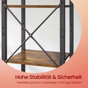 Detailansicht: Songmics Regal Barnet, 6 Ebenen, braun-schwarz, mit X-Strebe für Stabilität.