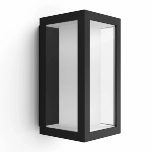 Schwarze Philips Hue LED-Wandlampe Impress für außen, rechteckig, aus Aluminium und Glas, Smart Home-fähig.