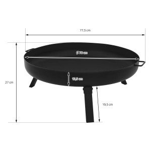 Schwarze ECD Germany Feuerschale (70x27 cm) aus Stahl mit klappbaren Füßen für Garten, Maße eingezeichnet.