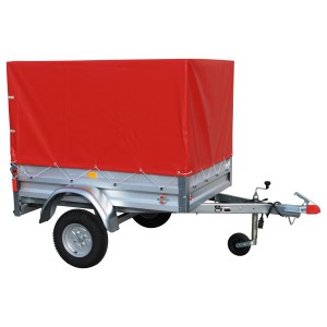 Stema Anhänger Variolux 550 mit roter Hochplane, Stützrad und Diebstahlsicherung.