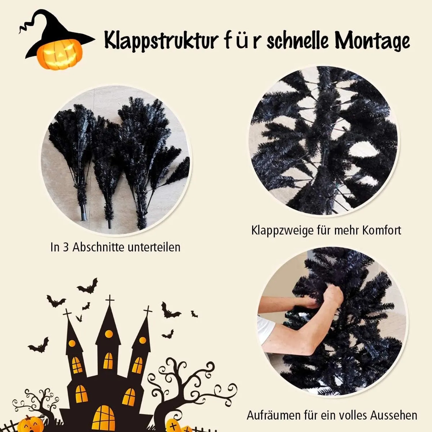Costway künstlicher Weihnachtsbaum, schwarz, 180cm, mit Klappsystem. Details zur einfachen Montage.