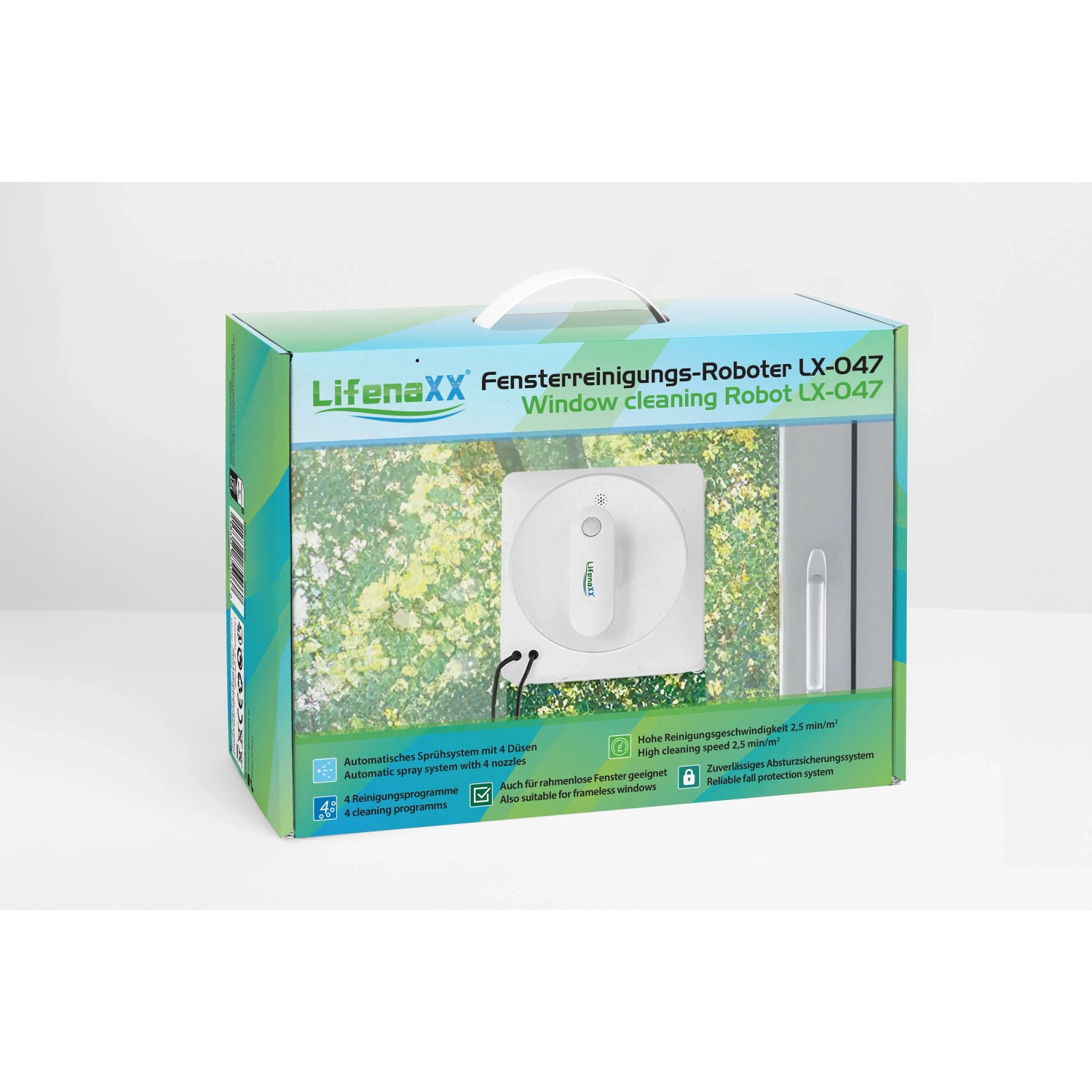 Lifenaxx Fensterreinigungsroboter LX-047 in Verpackung, Haushaltshelfer für streifenfreie Fenster.