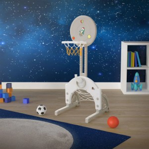 Joyz Kinder Basketballkorb Set mit Fußballtor und Wurfringen, grau-weiß.