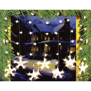 LED Lichtervorhang mit leuchtenden, warmweißen Sternen in verschiedenen Größen als Weihnachtsdekoration am Fenster.