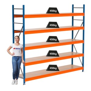 PROREGAL Industrie Weitspannregal Lagerregal MAXIMUS PRO Grundregal HxBxT 250x275x60cm 5 Spanplatten-Fachboden Fachlast 450kg Blau/Orange