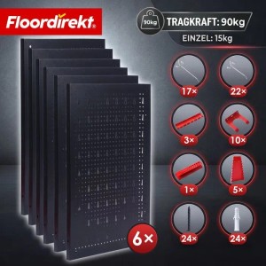 Floordirekt Werkzeugwand Parker, 6 Lochplatten in Schwarz/Rot mit Werkzeughalter-Set.