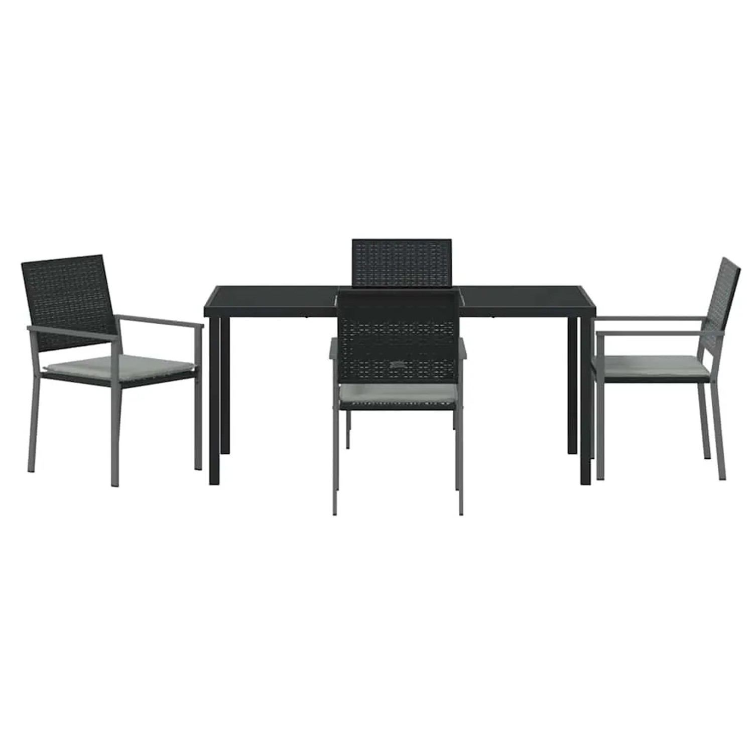 Schwarze 5-teilige Garten Essgruppe aus Poly Rattan mit Tisch und Stühlen.