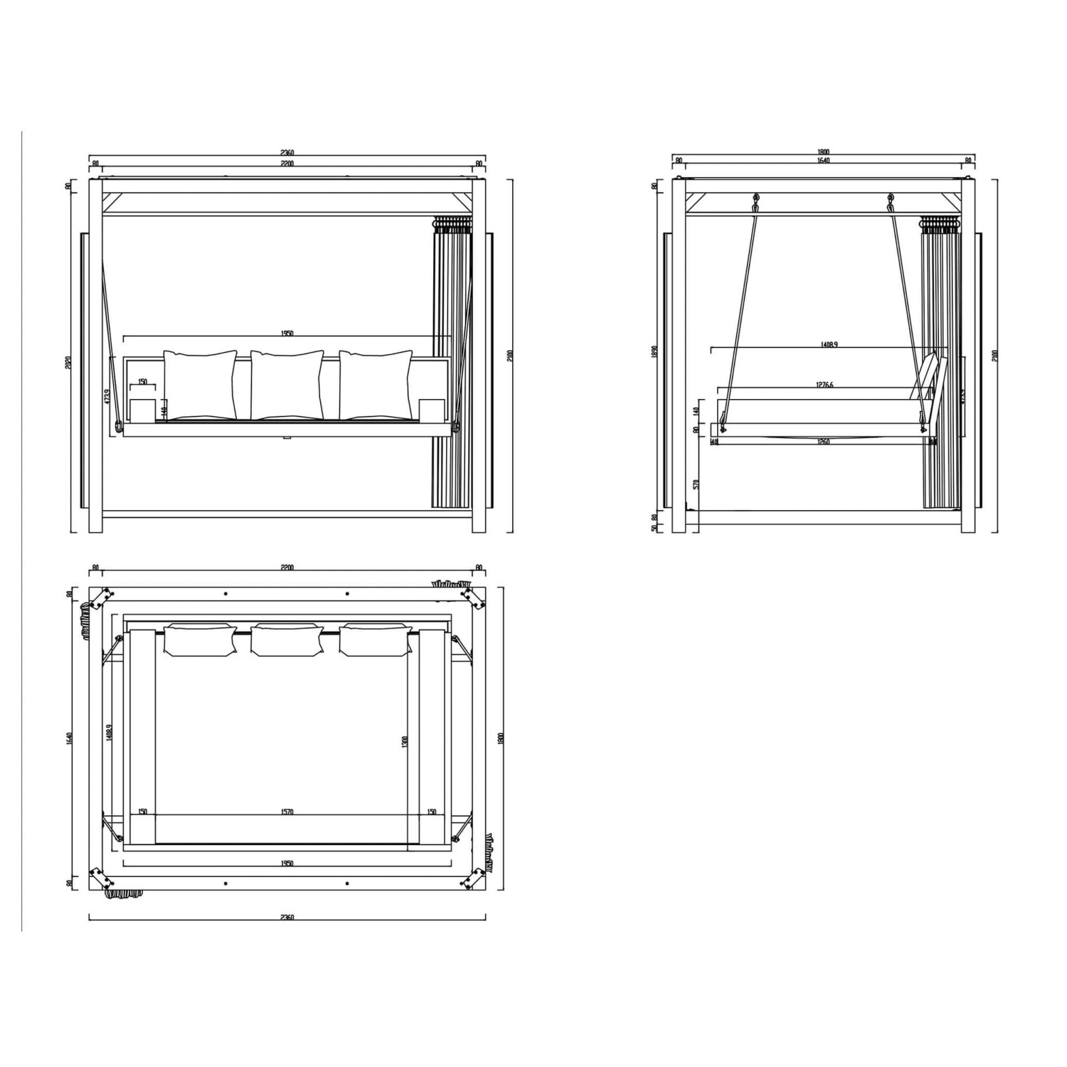 Skizze des Home Deluxe Pavillon Provence mit Maßen, inklusive Gartenliege.