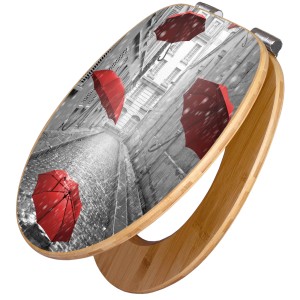 Banjado WC-Sitz aus Bambus mit rotem Schirm Motiv und Absenkautomatik.