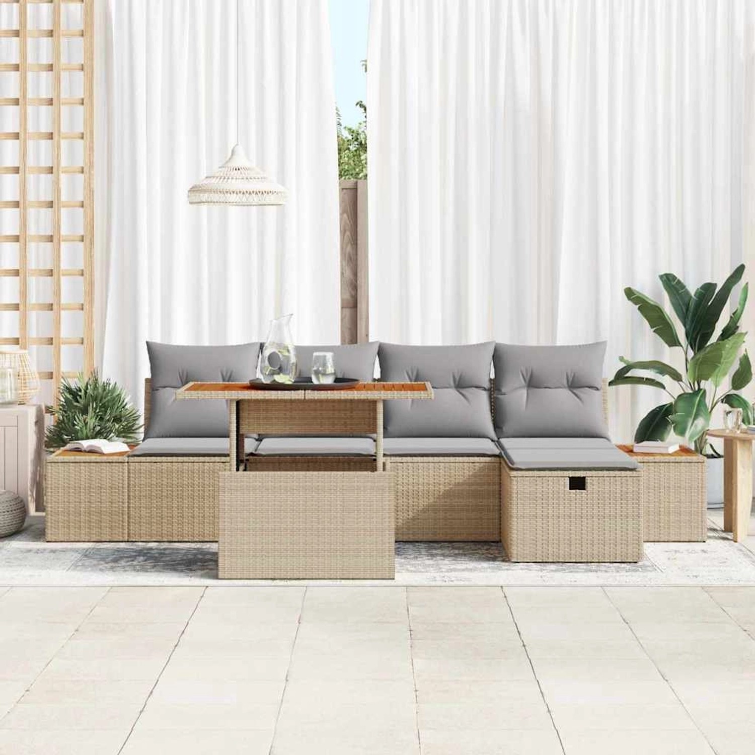 Beiges 6-tlg. vidaXL Garten-Sofa-Set aus Poly Rattan mit höhenverstellbarem Tisch.