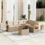 7-tlg. Garten-Sofagarnitur aus Rattan in Beige mit Tisch und Kissen.