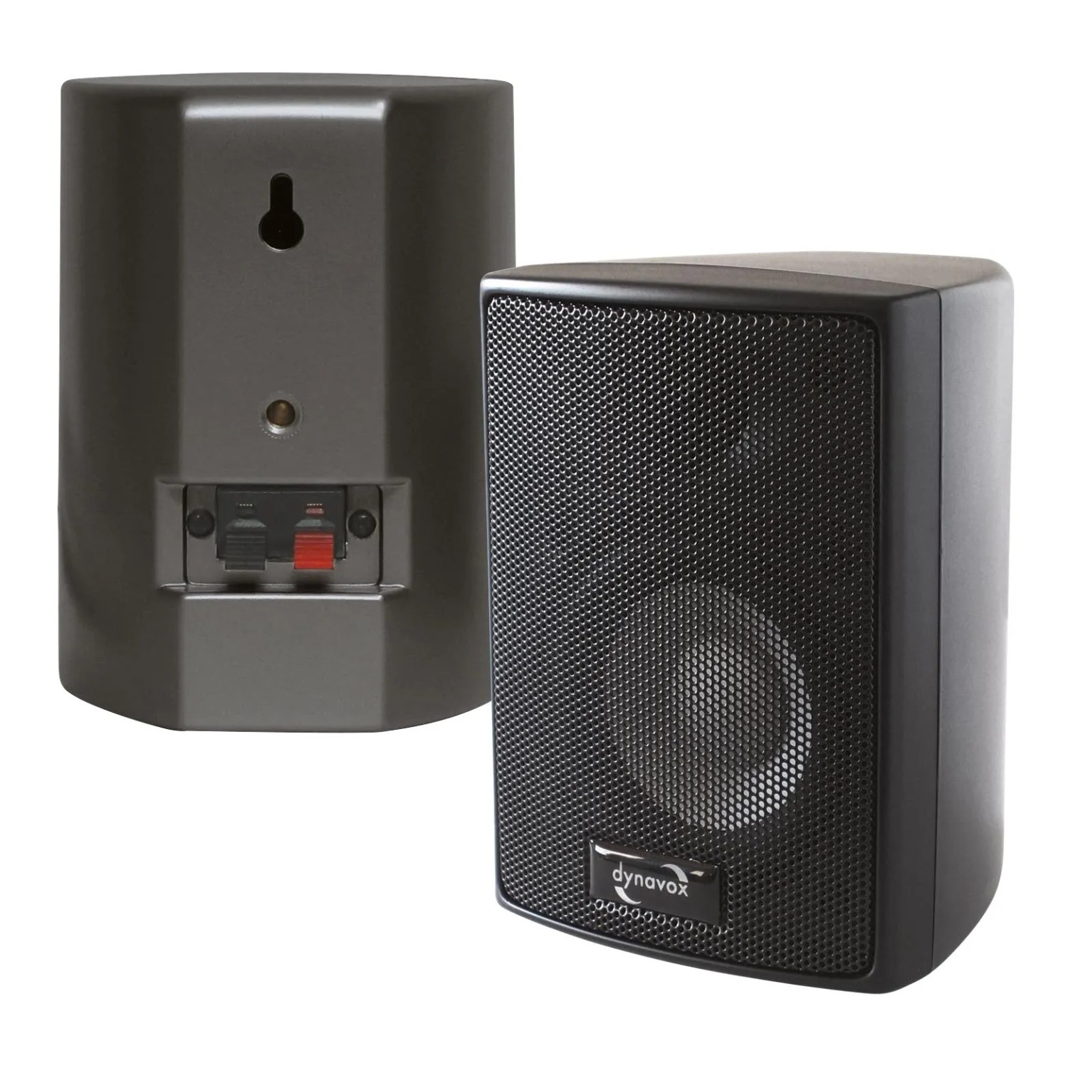 Dynavox AS-301 Miniboxen Lautsprecher, schwarzes Paar, Front- und Rückansicht.